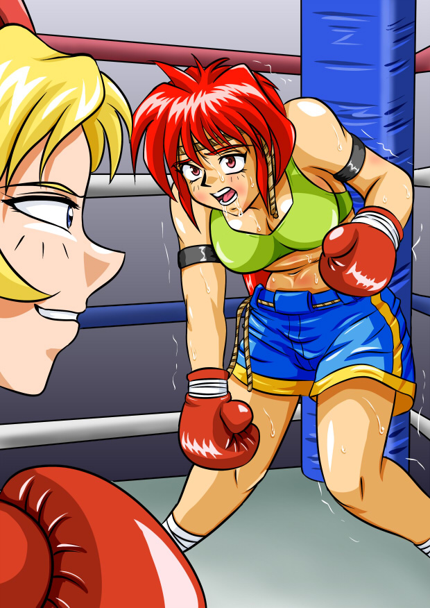 2girls ayane's_high_kick ayane_mitsui belly belly_punch big_breasts blonde_hair colored doujin doujinshi female female_focus female_only fist large_boobs large_breasts multiple_girls red_eyes red_hair ryona sakurako_miyagawa