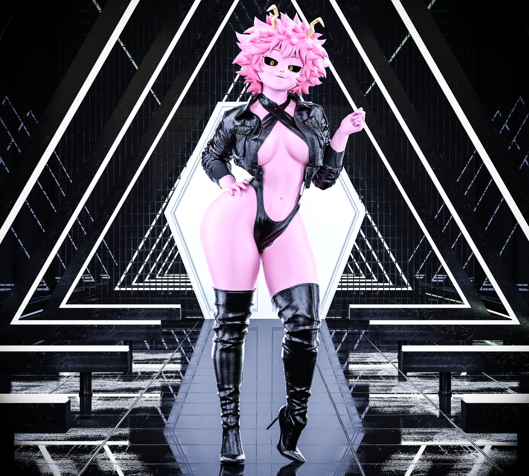 1girls, 3d, 3d (artwork), black clothing, boku no hero academia, bustin3d, female, front view, high heel boots, high heels, highres, jacket, leather, leather clothing, mina ashido, my hero academia, pink hair, solo, thighhighs, thighs, topwear