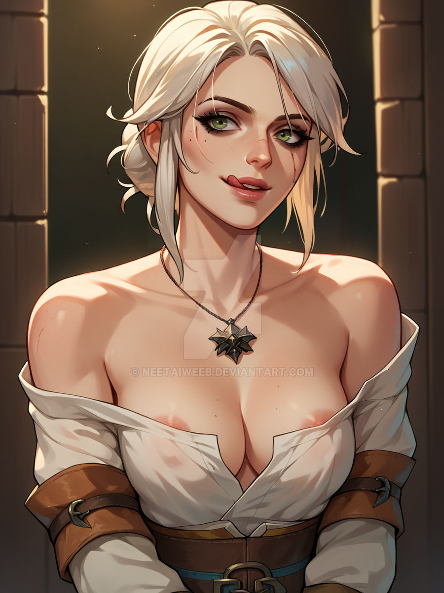 ai_generated breasts ciri female green_eyes light-skinned_female looking_at_viewer mascara neetaiweeb nipples nipples_visible_through_clothing scar solo the_witcher_(series) the_witcher_3:_wild_hunt tongue_out white_hair