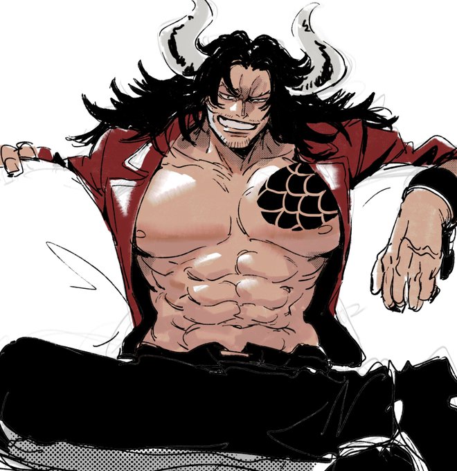 1adult 1male 1man adults_only bara barazoku big_pecs black_hair blazer bracelet chest_tattoo dilf facial_hair grin guillartee horned horned_humanoid horned_male horns human_artist humanoid irezumi kaido_(one_piece) long_hair long_hair_male male male_only muscular muscular_male no_ai one_piece open_jacket pecs red_jacket red_suit sitting sitting_on_sofa smile smile_at_viewer smiling smiling_at_viewer solo stubble tattoo tattoos