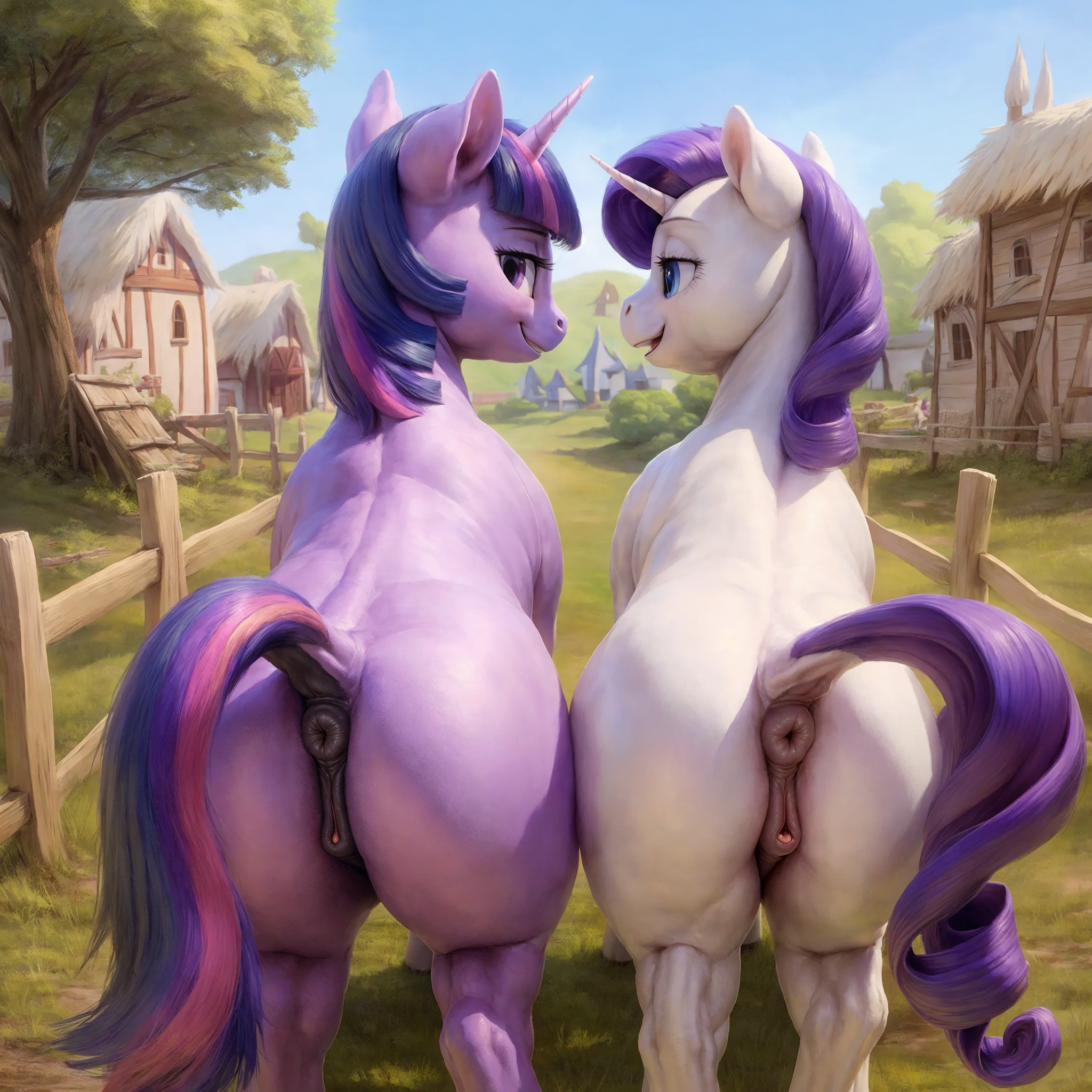 ai generated, animal genitalia, animal pussy, anus, ass, donut anus, doughnut, equid, equine, equine anus, equine genitalia, equine pussy, female, friendship is magic, hasbro, horse, jasedward, mammal, my little pony, pony, purple body, purple fur, purple hair, pussy, quadruped, rarity (mlp), twilight sparkle (mlp), unicorn, white body, white fur