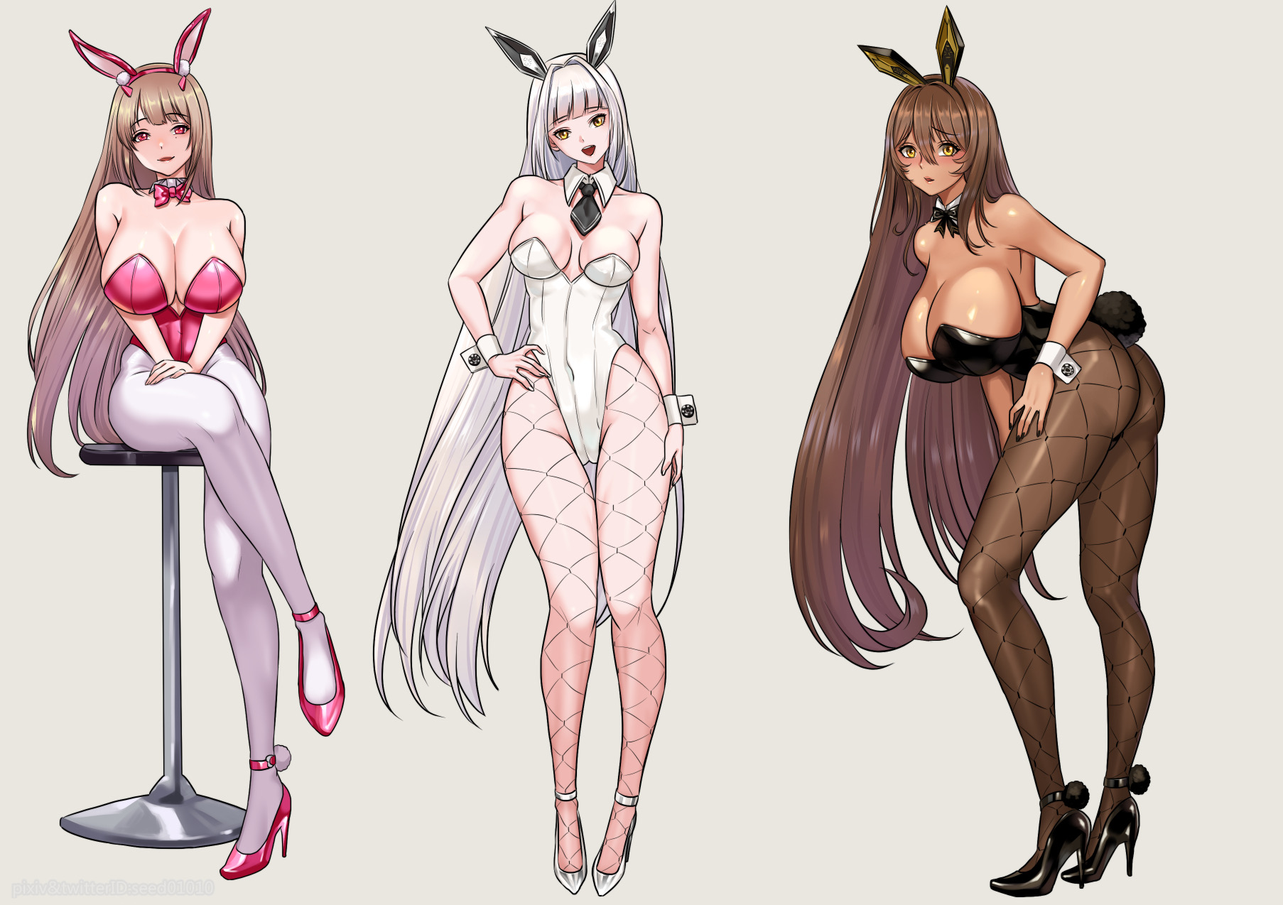 3girls, ass, blanc (nikke), blank background, breasts, brown hair, bunny ears, bunnysuit, cleavage, dark skin, dark-skinned female, female, female only, fishnets, goddess of victory: nikke, large breasts, light skin, light-skinned female, long hair, noir (nikke), open mouth, orange eyes, pantyhose, pink eyes, sitting, small breasts, standing, viper (nikke), viper (toxic rabbit) (nikke), white hair, yellow eyes