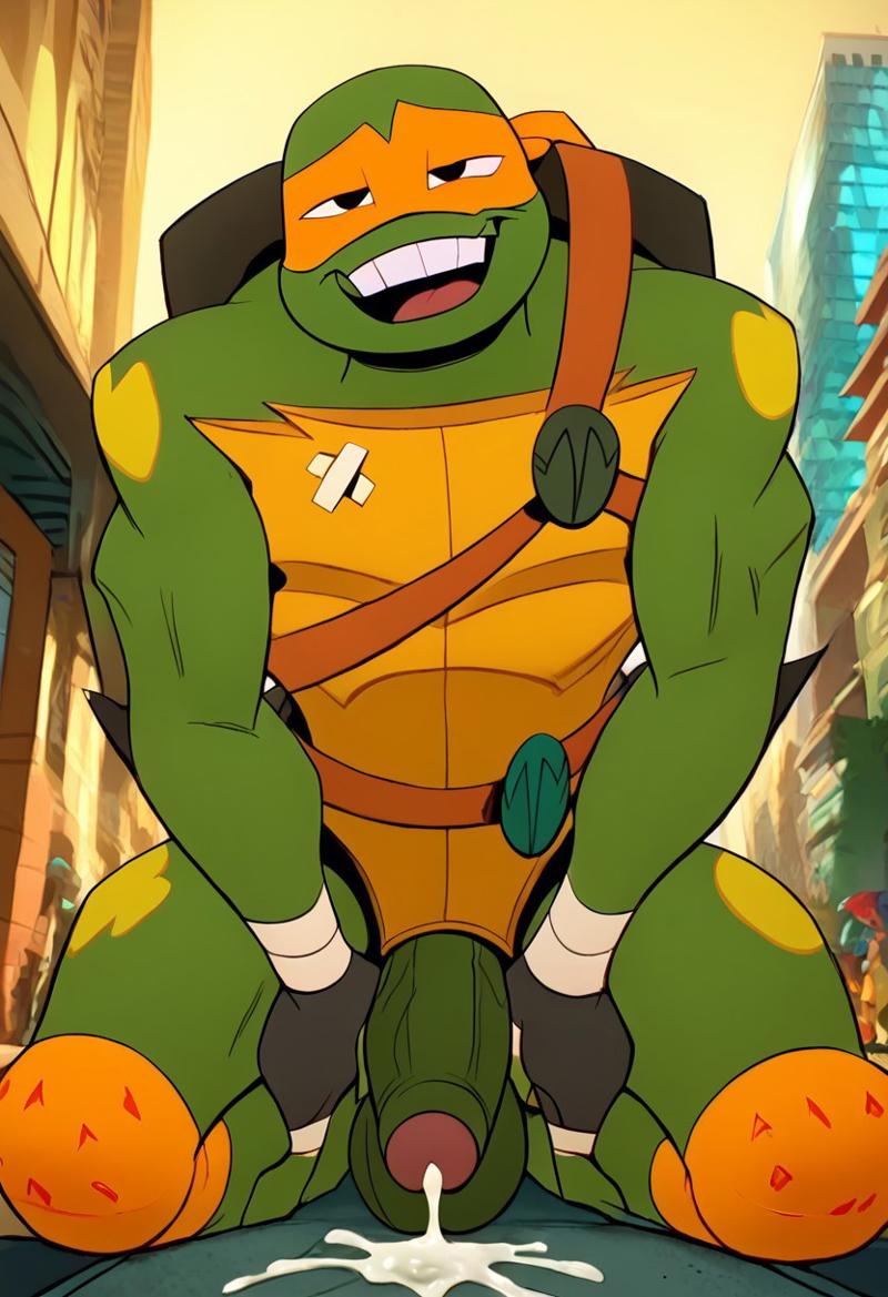 ai_generated balls biceps big_balls big_penis blush cum cum_on_penis ejaculation erection fuckboy gay looking_at_viewer male male_only mask michelangelo_(tmnt) nickelodeon nude_male open_mouth penis rise_of_the_teenage_mutant_ninja_turtles smile tmnt toned_body toned_male turtle twall97