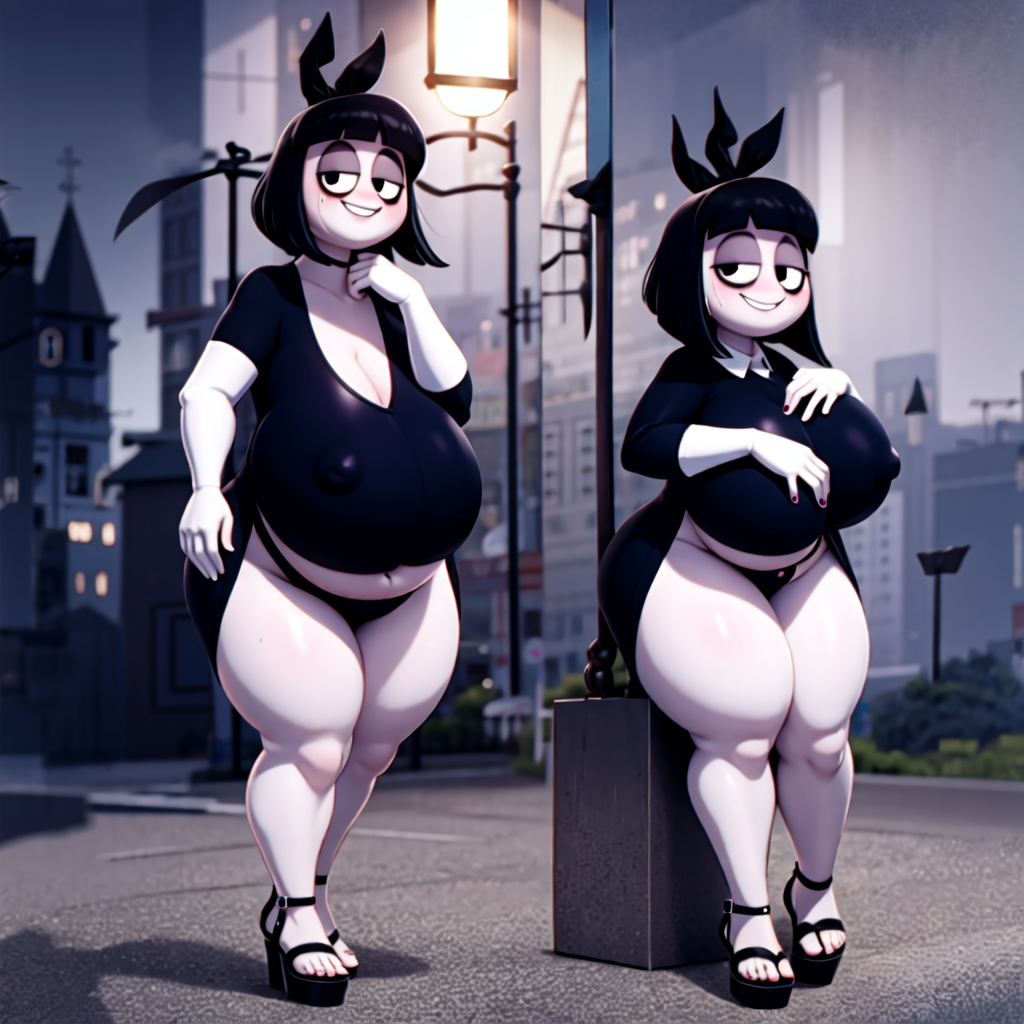 2girls adult_swim ai_generated big_breasts choker chubby creepy_susie erect_nipples goth goth_girl knowing_look looking_at_viewer platform_sandals sagging_breasts smiling_at_viewer smug tall the_oblongs thick_thighs