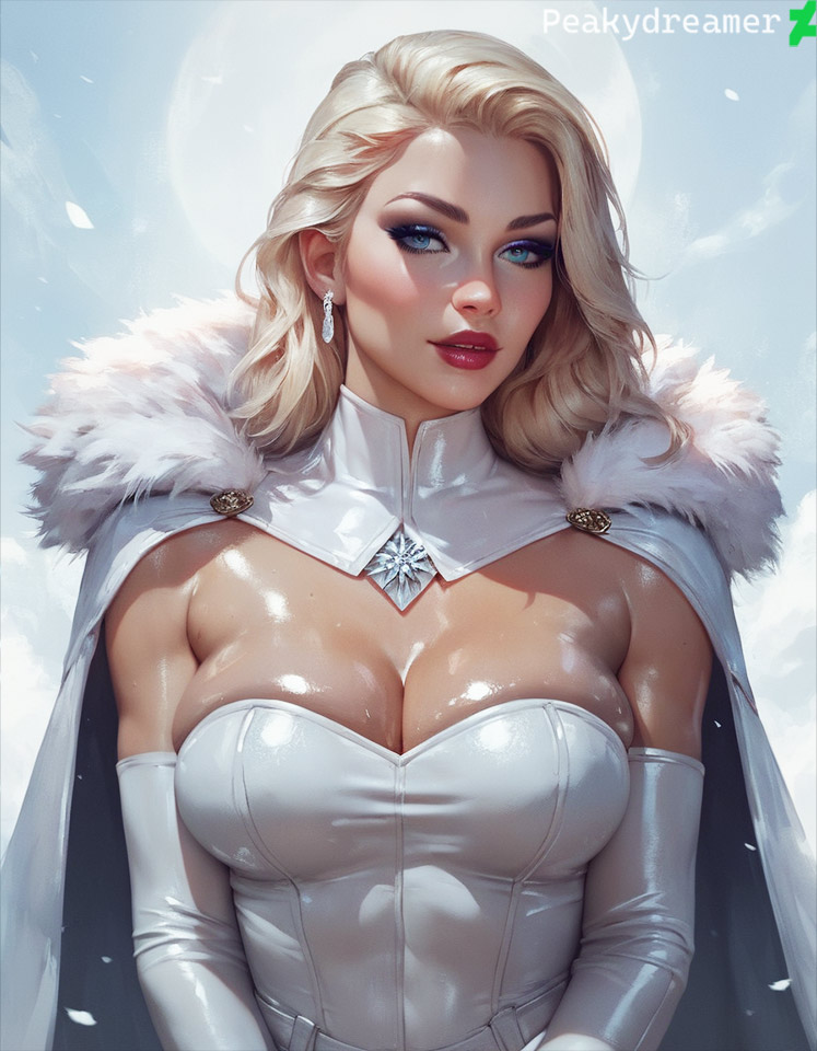 ai_generated blonde_hair blue_eyes breasts cape cleavage earrings emma_frost female female_only hellfire_club large_breasts marvel marvel_comics opera_gloves peakydreamer platinum_blonde_hair realistic white_queen x-men