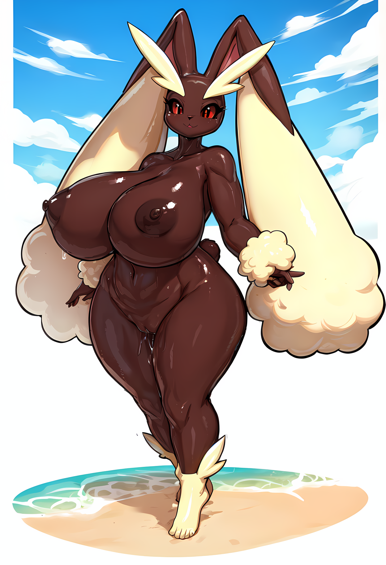 1girls, ai generated, anthro, anthro only, anthrofied, barefoot, beach, big breasts, breasts, breasts bigger than head, brown body, brown nipples, brown skin, busty, colored sclera, completely nude, curvaceous, curvy, curvy body, curvy female, curvy figure, deep navel, female, female anthro, female focus, female only, full body, furry, furry female, furry only, generation 4 pokemon, hips, huge breasts, javvy, large breasts, lopunny, massive breasts, navel, nintendo, nipples, nude, nude female, nudity, oiled, oiled body, oiled skin, pokémon (species), pokemon, pokemon (species), pokemorph, pussy, red sclera, shiny skin, solo, solo female, solo focus, stable diffusion, standing, thick thighs, thighs, voluptuous, voluptuous female, wide hips