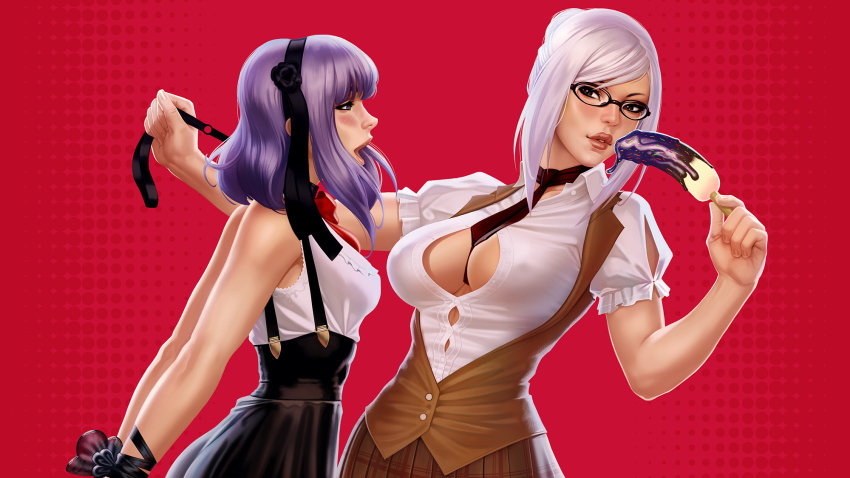 2girls arms_behind_back banana bondage breasts cleavage clothed collar dagashi_kashi duo female female_only femdom femsub fully_clothed leash lezdom multiple_girls prison_school shidare_hotaru shiraki_meiko teacher_and_student themaestronoob yuri