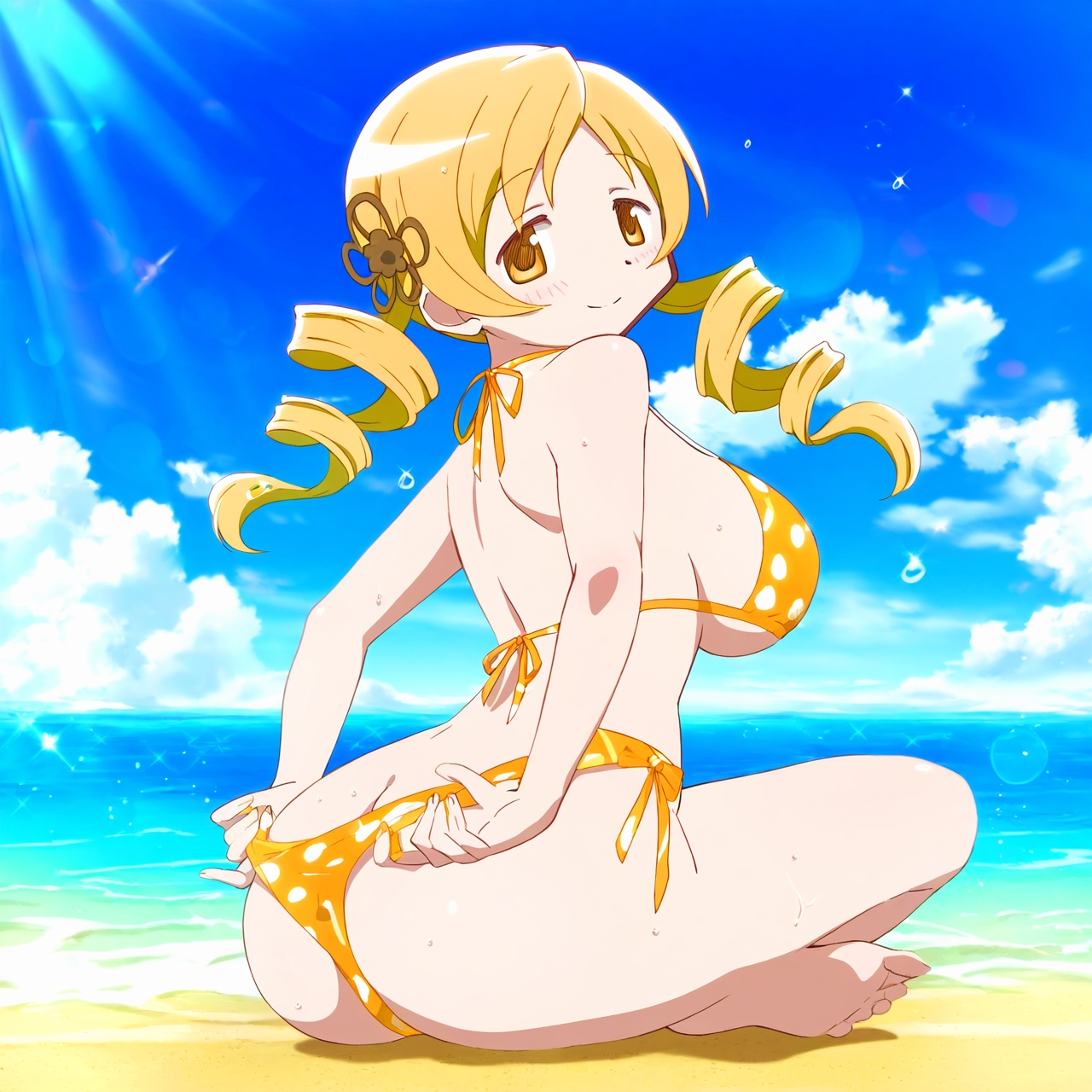 ai generated, ass, ass focus, beach, blonde hair, brown eyes, brown hair, drill hair, female, female focus, female only, human, human only, looking at viewer, looking back, madoka worship, magical girl, mahou shoujo madoka magica, outdoors, solo, solo female, solo focus, tomoe mami, twintails, yellow eyes