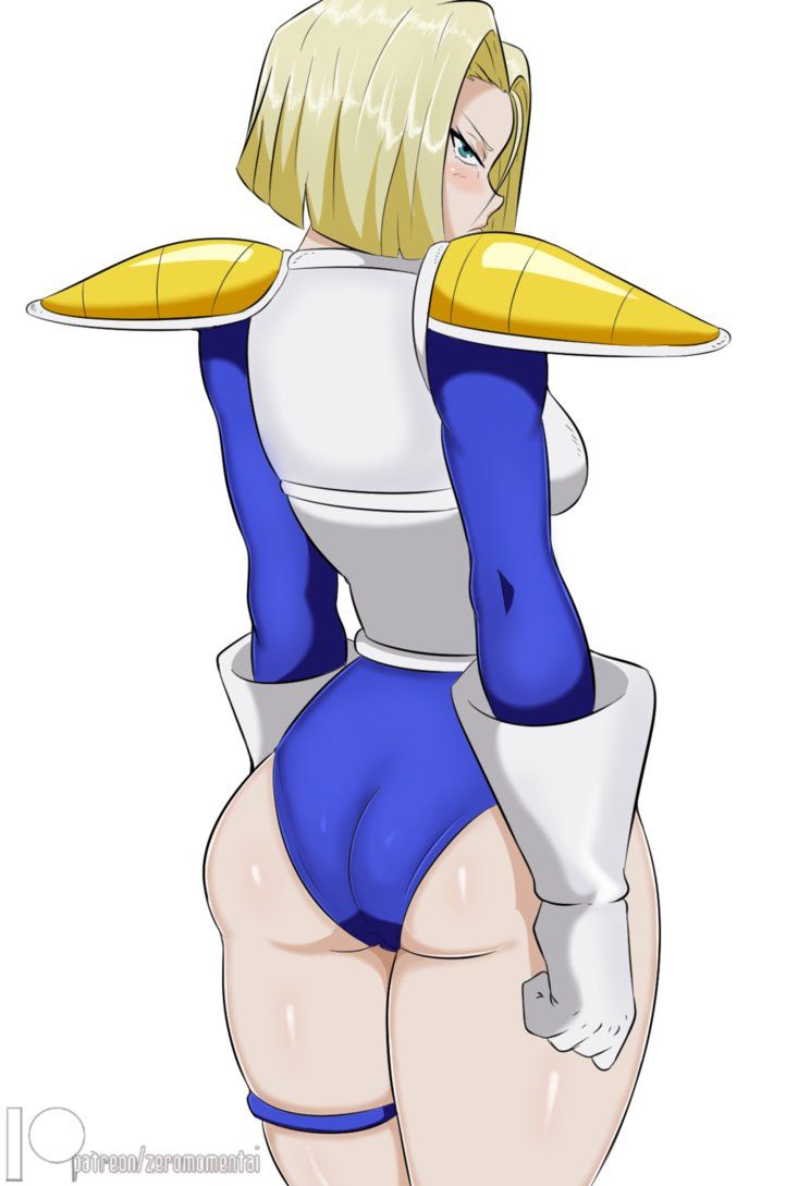 1girls, android 18, armor, ass, big ass, blonde hair, blue eyes, bodysuit, dragon ball, dragon ball z, embarrassed, female, female focus, female only, zeromomentai
