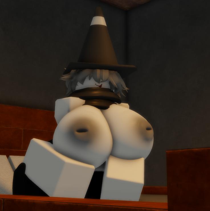 1girls 3d :p bed bedroom beial_(goofy_lookin) blep cone_hat goofylookin grey_hair inverted_nipples large_breasts light-skinned_female looking_at_viewer roblox scarf short_hair sitting_on_bed solo_female solo_focus sticking_out_tongue topless topless_female