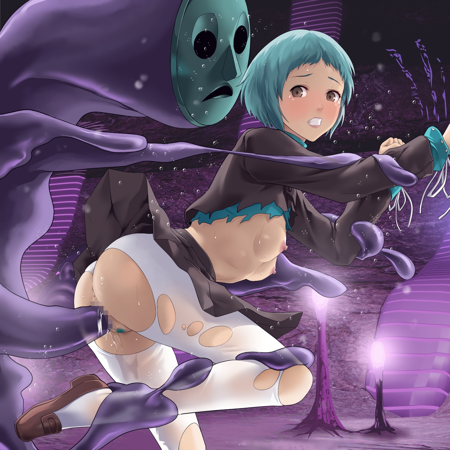 1girls, ass, blush, breasts, brown eyes, censored, cheating, clenched teeth, clothed sex, clothing, deep rising, female, from behind, fuuka yamagishi, imminent creampie, imminent impregnation, interspecies, monster, nipples, penetration, persona, persona 3, pubic hair, purple tentacles, pussy, rape, restrained, sex, short hair, spread legs, tears, tentacle, tentacle sex, thor (deep rising), torn clothes, vaginal penetration, white legwear