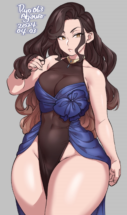 big_breasts bottom_heavy brunette huge_thighs long_hair original ryo_agawa thick_thighs wavy_hair