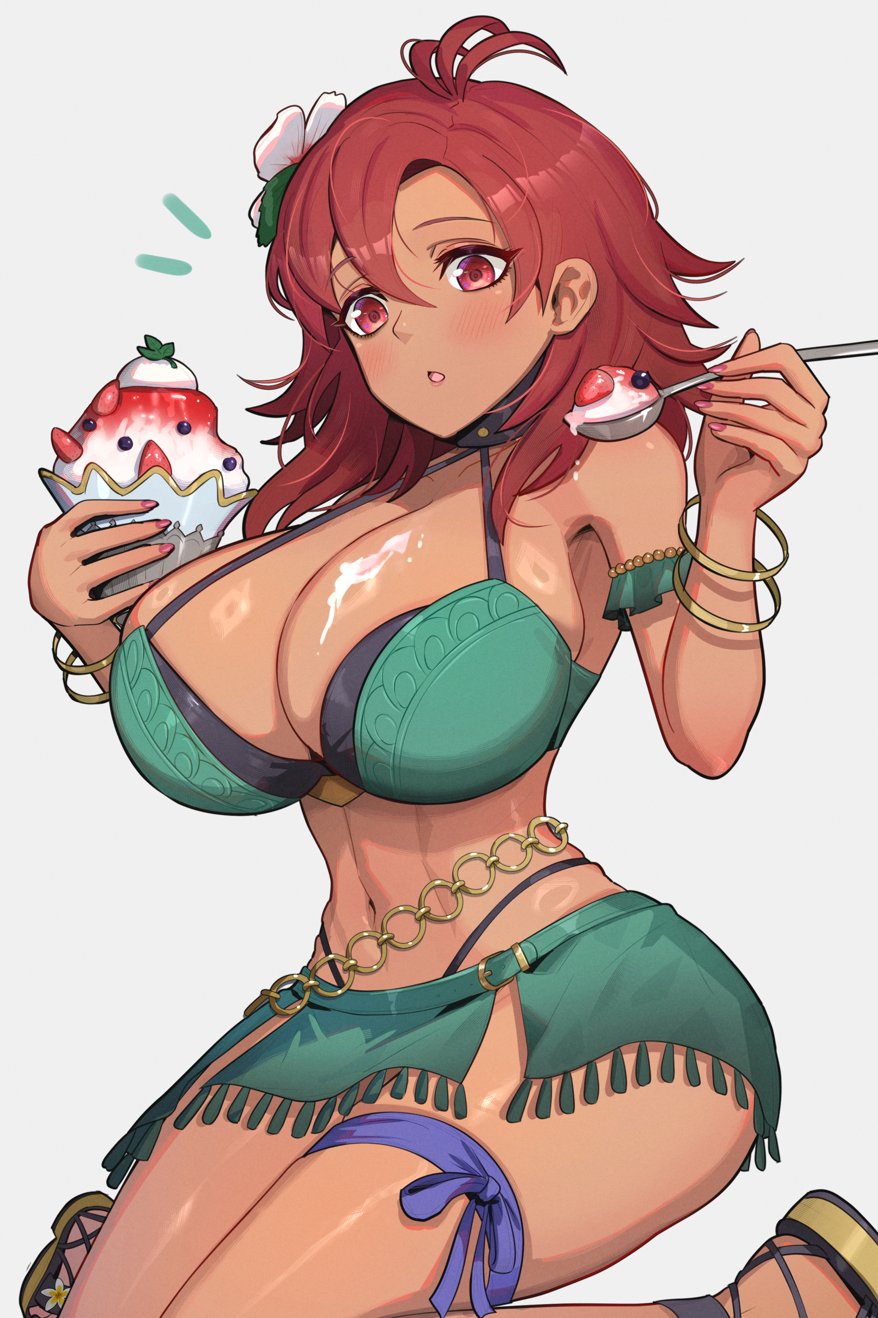 1girls, absurdres, accident, bare shoulders, berry, bikini, black choker, blush, bracelet, breasts, choker, cleavage, clumsy, dark skin, dark-skinned female, female, female only, fire emblem, fire emblem heroes, flower, food, fruit, gonzarez, green bikini, hair flower, hair ornament, hapi (fire emblem), hapi (summer) (fire emblem), highres, holding, holding food, holding ice cream, holding spoon, ice cream, jewelry, kneeling, large breasts, long hair, melting, melting ice cream, navel, nintendo, official alternate costume, open mouth, platform sandals, red eyes, red hair, sandals, shaved ice, skindentation, solo, spoon, stomach, strawberry, swimsuit, thick thighs, thighs, wide sleeves