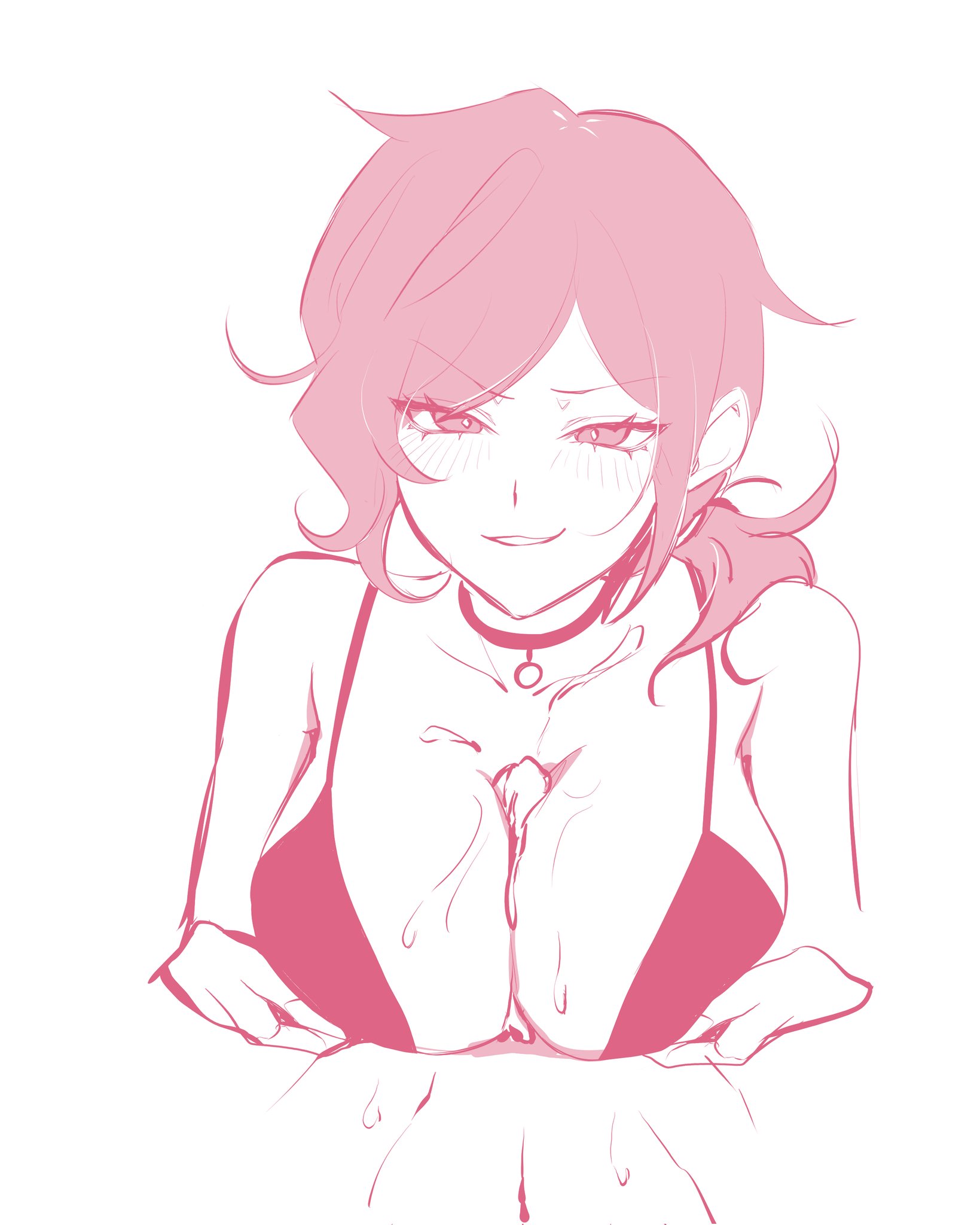 1boy, 1girls, ashley graves, big breasts, black hair, blush, bra, breasts, cleavage, collar, cum, female, female focus, half-closed eyes, male, paizuri, pressing breasts together, smile, smirk, the coffin of andy and leyley, titjob, upper body, zizi 00000
