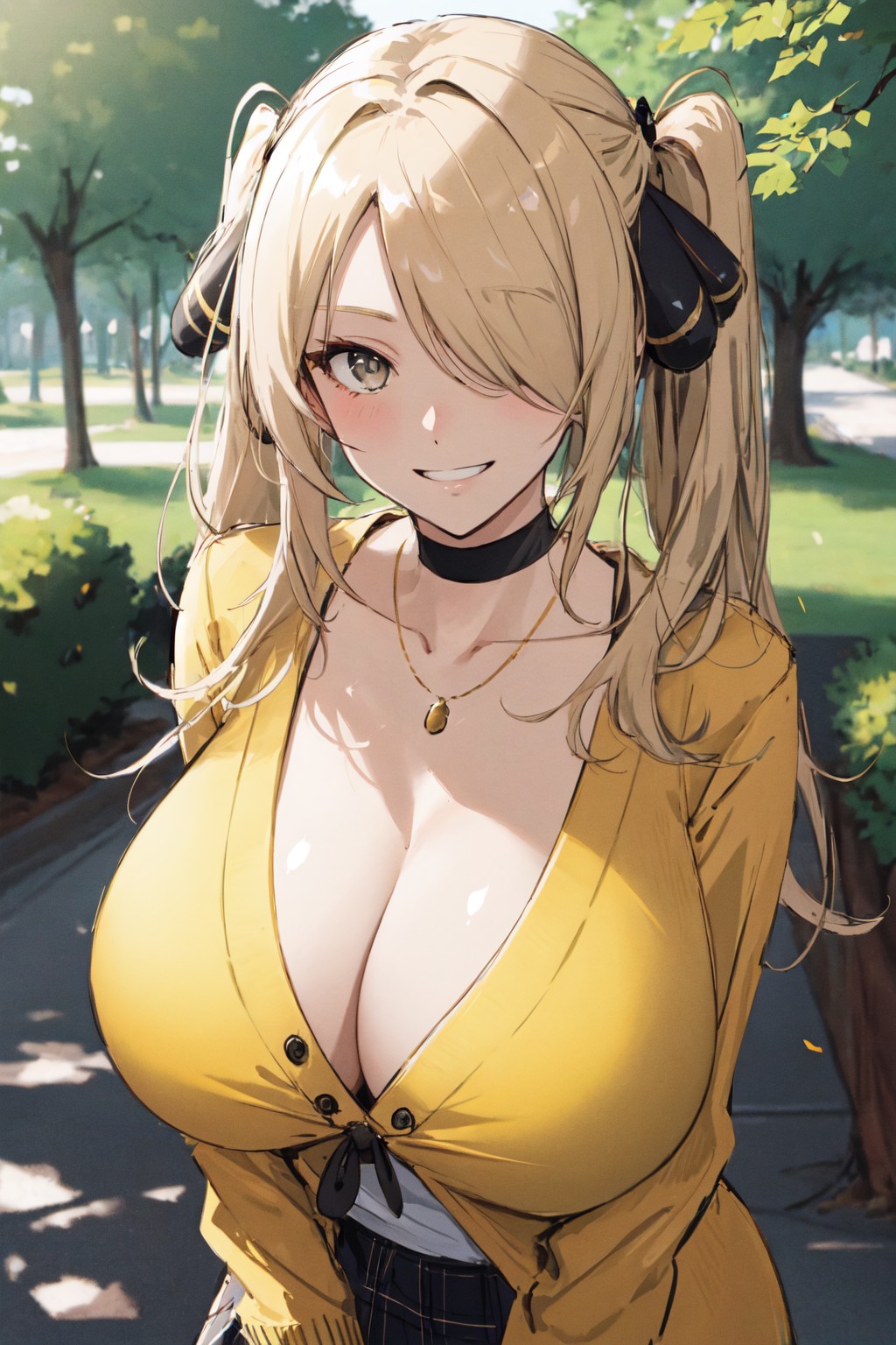 1girls ai_generated blonde_hair breasts choker cleavage cynthia_(pokemon) female flyingpancake huge_breasts light-skinned_female light_skin long_hair naughty_face nintendo outdoors pokemon pokemon_dppt school_uniform schoolgirl stable_diffusion teasing_viewer twintails