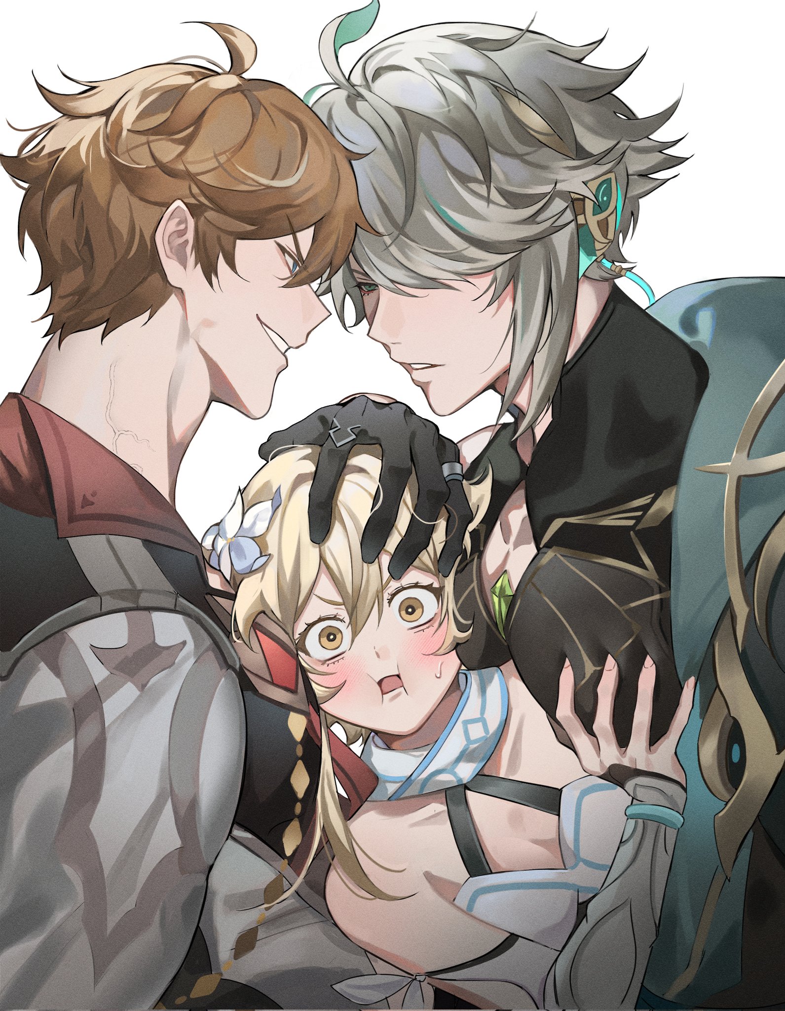 1girls, 2boys, alhaitham (genshin impact), blush, breasts, childe (genshin impact), female, genshin impact, harem girl, head grab, light skin, light-skinned female, light-skinned male, looking at viewer, lumine (genshin impact), male, multiple boys, multiple males, pec grab, pecs, pectorals, sandwiched, smile, taller male, tartaglia (genshin impact), vein
