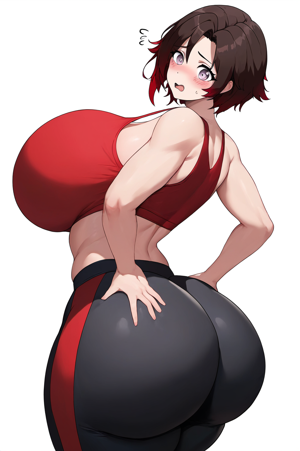1girls, ai generated, alternate breast size, ass, big ass, big butt, blush, blushing at viewer, breasts, bubble ass, bubble butt, female, female only, goldencum34, hands on ass, huge breasts, human, ruby rose, rwby, solo, sports bra, yoga pants