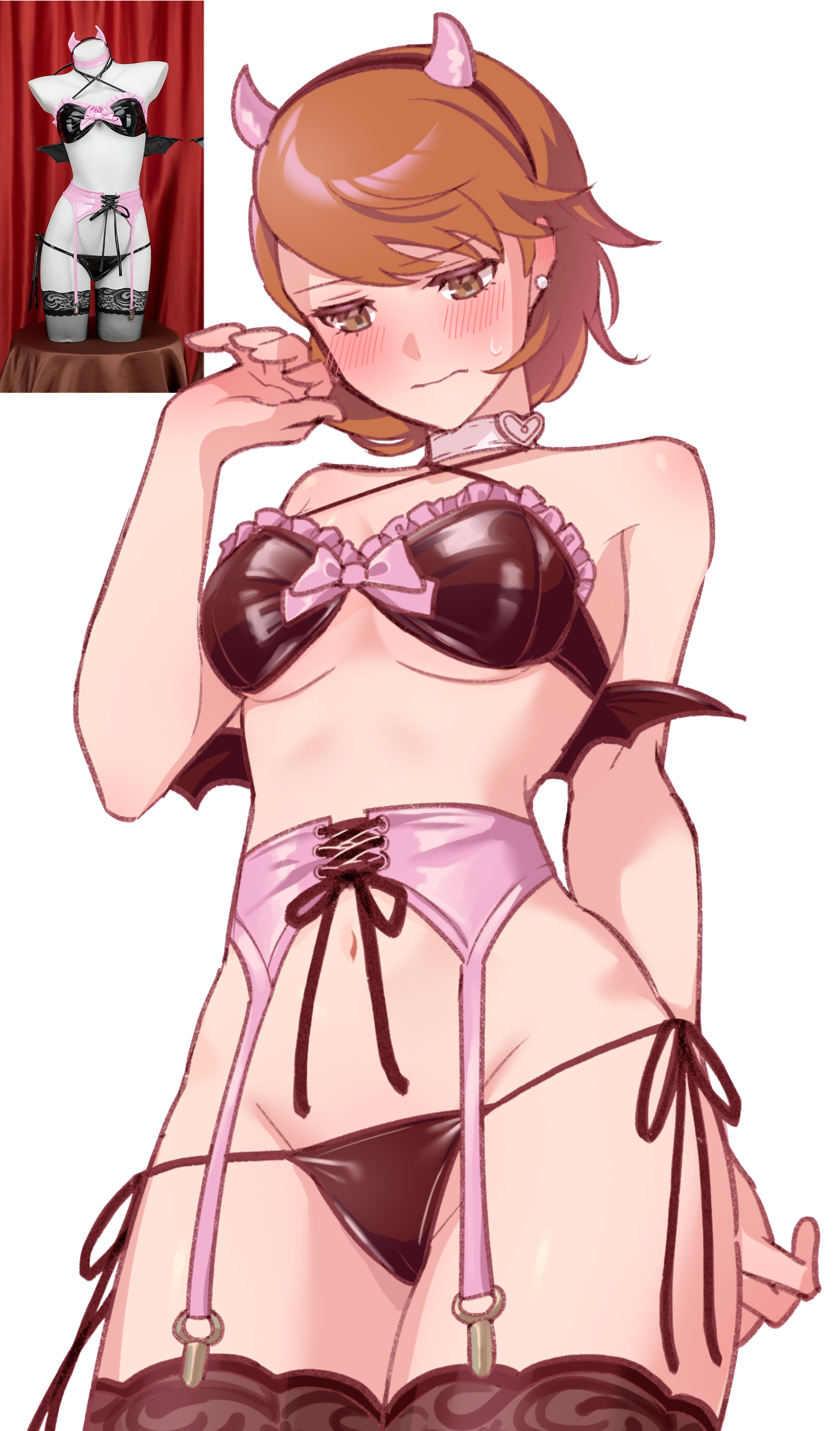 artist request, blush, devil horns, female, lingerie, persona, persona 3, po su su, reference image, tagme, yukari takeba