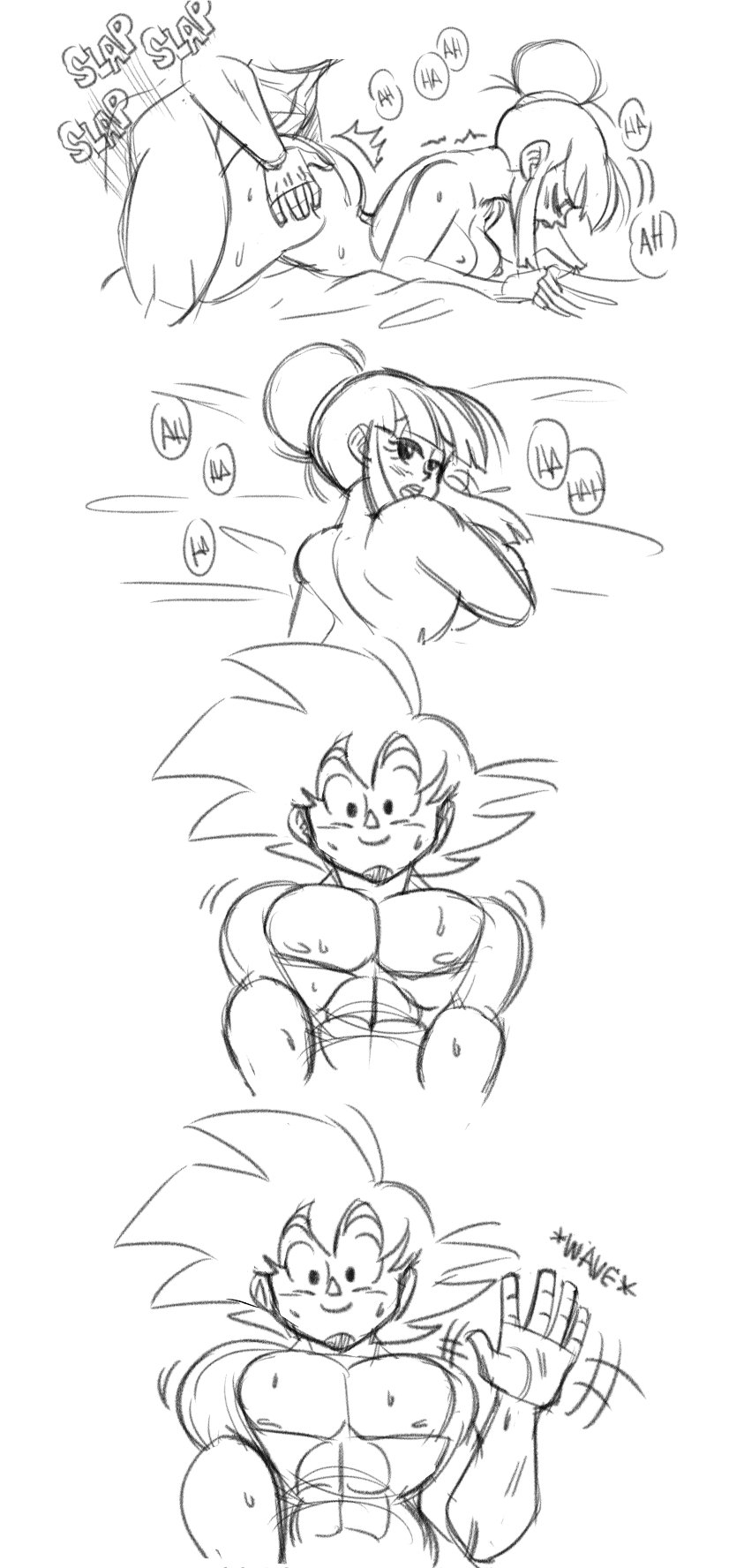 1boy, 1girls, chichi, couple, doggy style, dragon ball, dragon ball super, dragon ball z, female, funsexydragonball, humor, husband and wife, male, sex, son goku, wholesome
