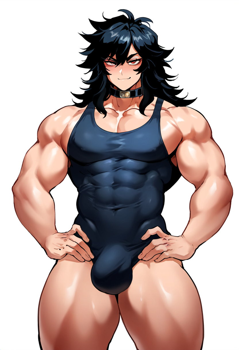 1boy abs ai_generated ambush_(trap) biceps black_hair bulge bulge_through_clothing choker femboy gloopai hands_on_hips huge_bulge light_skin looking_at_viewer male male_focus male_only messy_hair muscular muscular_femboy muscular_male muscular_trap nai_diffusion no_background one-piece_swimsuit pecs pectorals penis red_eyes shoulders solo solo_focus solo_male swimsuit thick_thighs thighs trap yaoi