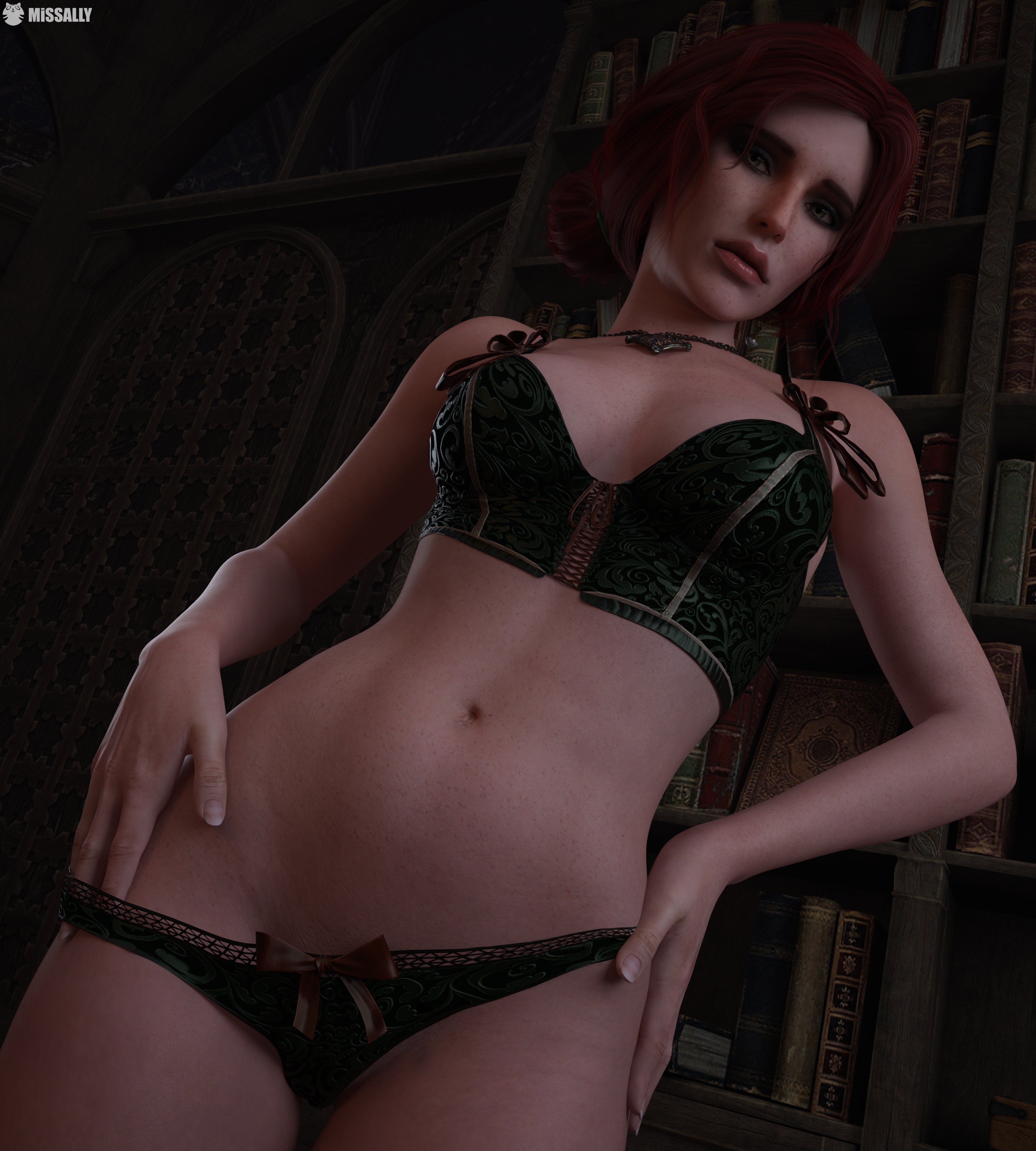 3d, breasts, female, light skin, light-skinned female, lingerie, missally, panties, red hair, solo, the witcher (series), the witcher 3: wild hunt, triss merigold, underwear