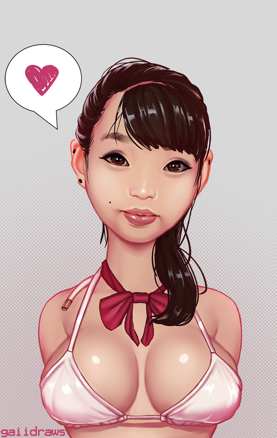 1girls, artist name, asian, black hair, bra, breasts, cleavage, color, female, female only, gaiidraws, hair, heart, solo, speech bubble, watermark