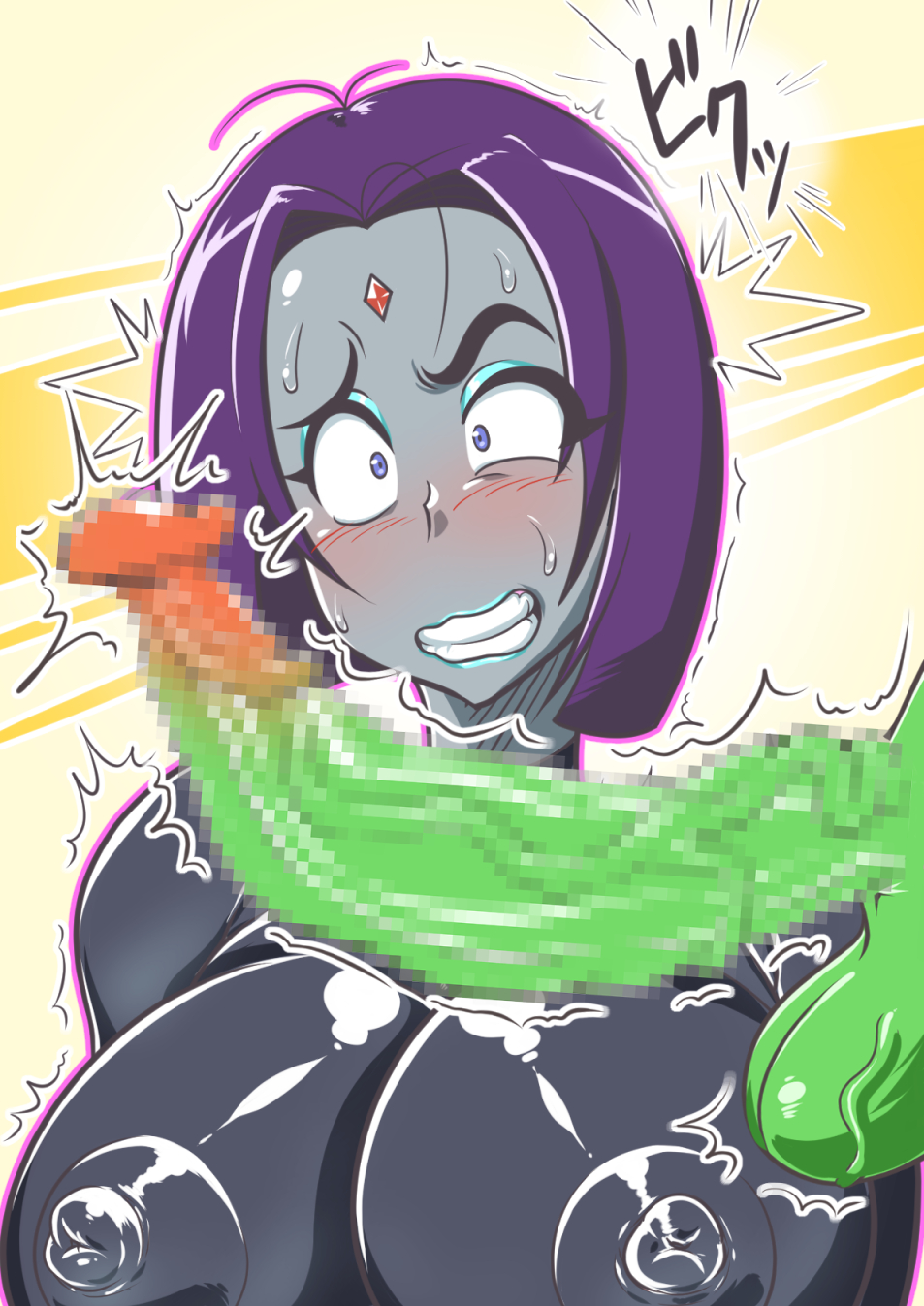 1boy, 1girls, alternate version available, beast boy, big penis, blue eyes, blue hair, blue lipstick, blush, bob cut, bodysuit, breasts, busty, censored, cleavage, clenched teeth, curvy, dc, dc comics, demon, demon girl, detailed background, erect nipple, erect nipples, erection, eyeshadow, female, forehead jewel, green skin, japanese text, lipstick, makeup, male, mosaic censoring, nipple bulge, nipples, penis, penis awe, rachel roth, raven (dc), sweat, teen titans, text, translation request, vein, veins, veiny, veiny penis, zxcv