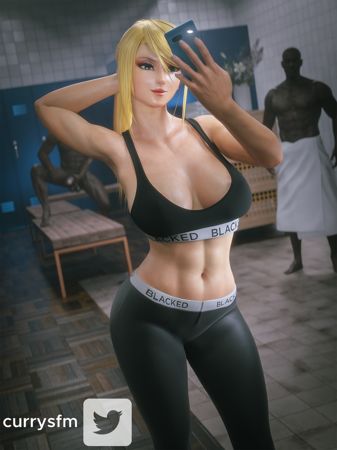 1girls, 2boys, 3d, abs, bimbo, blacked, blacked clothing, blonde hair, cfnm, clothed female nude male, currysfm, dark skin, dark-skinned male, female, imminent gangbang, imminent sex, interracial, locker room, male, metroid, mirror selfie, muscular, muscular female, raceplay, samus aran, selfie