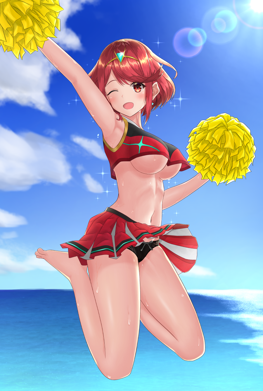 1girls, arm up, armpits, barefoot, black panties, blush, breasts, cheerleader, female, highres, jumping, large breasts, looking at viewer, navel, nintendo, one eye closed, open mouth, panties, pyra, red eyes, red hair, short hair, smile, solo, sssemiii, underboob, underwear, water, xenoblade (series), xenoblade chronicles 2