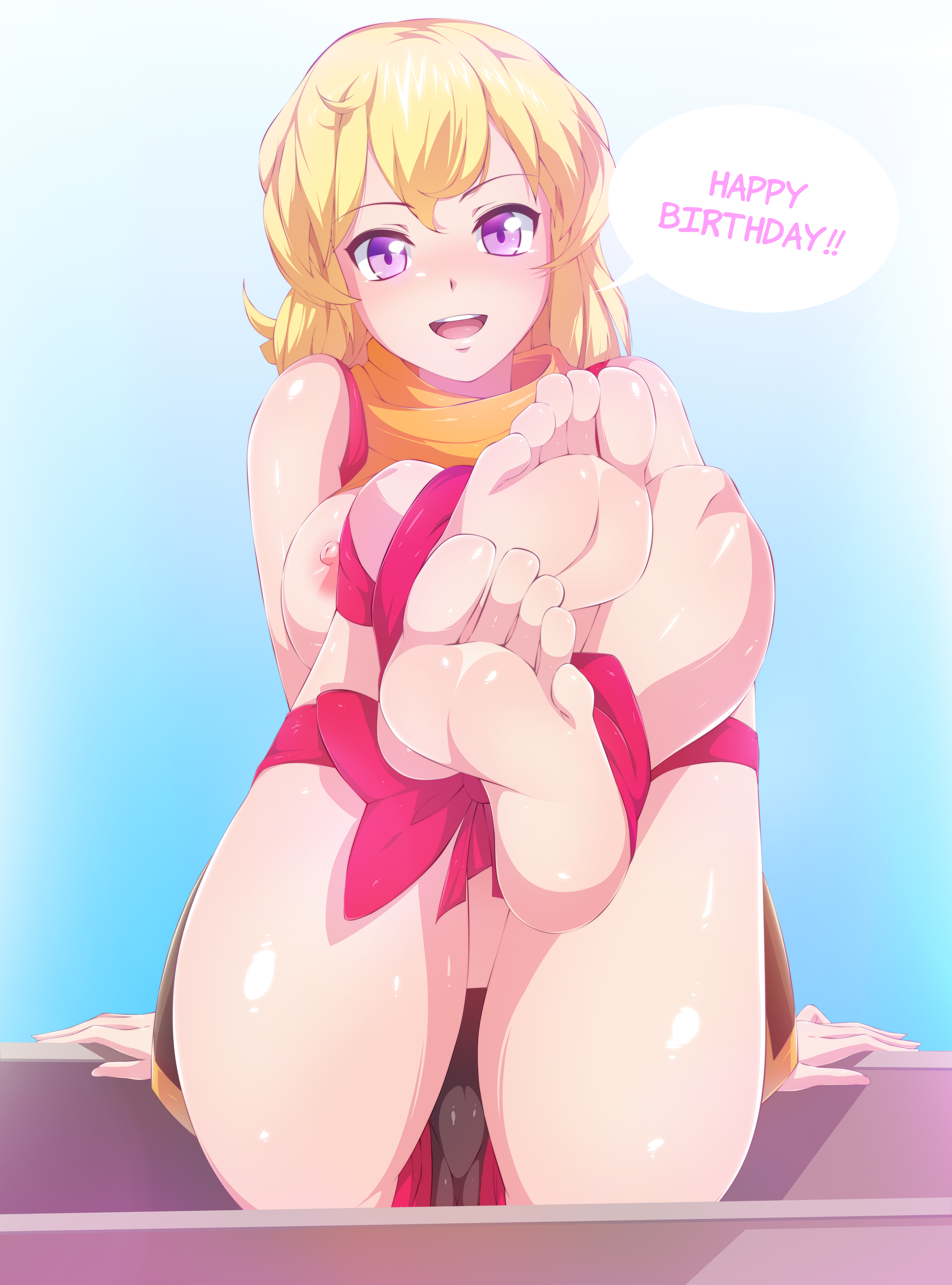 1girls, areola, ass, barefoot, big ass, big breasts, blonde hair, blue background, blue-senpai, breasts, clothed, english text, feet, female, female only, human, large breasts, legs up, looking at viewer, nipples, purple eyes, ribbon, rwby, sitting, smile, soles, solo, source request, speech bubble, text, thick thighs, toes, topless, wide hips, yang xiao long