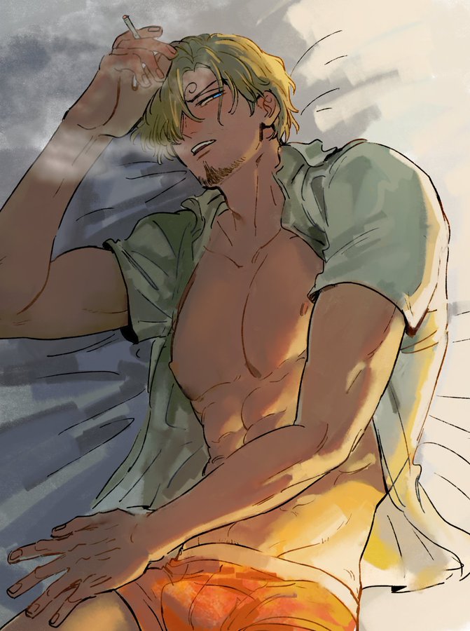 blonde_hair cigarette cigarette_smoke eyebrows facial_hair from_above goatee guillartee hair_over_one_eye holding_cigarette holding_object human_artist male male_only muscular muscular_male no_ai on_back on_bed one_piece open_shirt smoke smoking smoking_cigarette solo underwear viewfinder vinsmoke_sanji