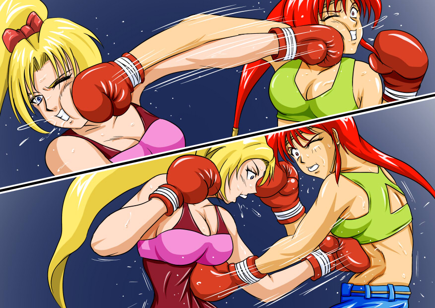 2girls ayane's_high_kick ayane_mitsui belly belly_punch big_breasts blonde_hair catfight colored doujin doujinshi female female_focus female_only fist large_boobs large_breasts multiple_girls red_eyes red_hair ryona sakurako_miyagawa