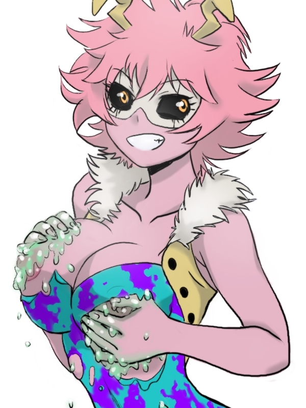 1girls, acid, big breasts, bimbo, black sclera, breast grab, breasts, busty, female, hero outfit (mha), horn, huge breasts, melting clothes, mina ashido, my hero academia, nipples, pink hair, pink skin, tease, teasing, teenager, yellow eyes, yk3