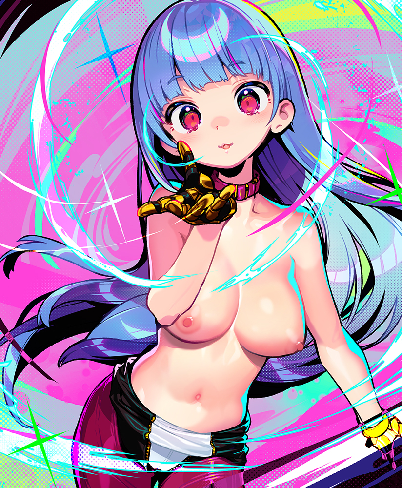 1girls areolae belly belly_button blowing_kiss blue_hair blunt_bangs bodysuit breasts collar eyebrows_visible_through_hair himehajime king_of_fighters kula_diamond long_hair looking_at_viewer nipples onono_imoko red_eyes shunin smile snk topless yellow_gloves zipper