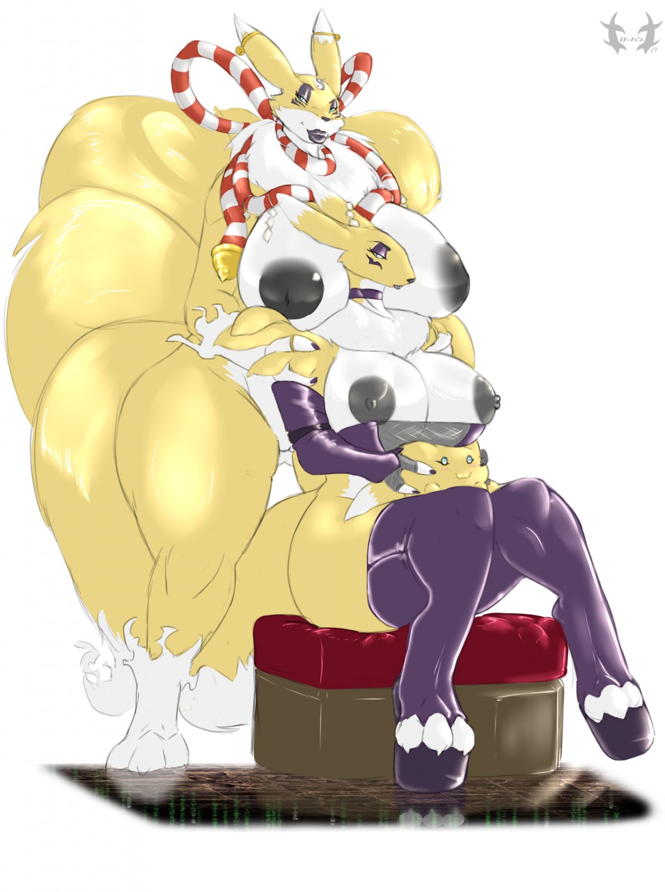 anthro big_breasts breasts clothing curvaceous digimon digimon_(species) duo female footwear hi_res high_heels huge_breasts inverted_nipples kyubimon legwear makeup nipples platform_footwear platform_heels pussy renamon rohan_scribe shoes sitting standing thick_thighs thigh_highs wide_hips