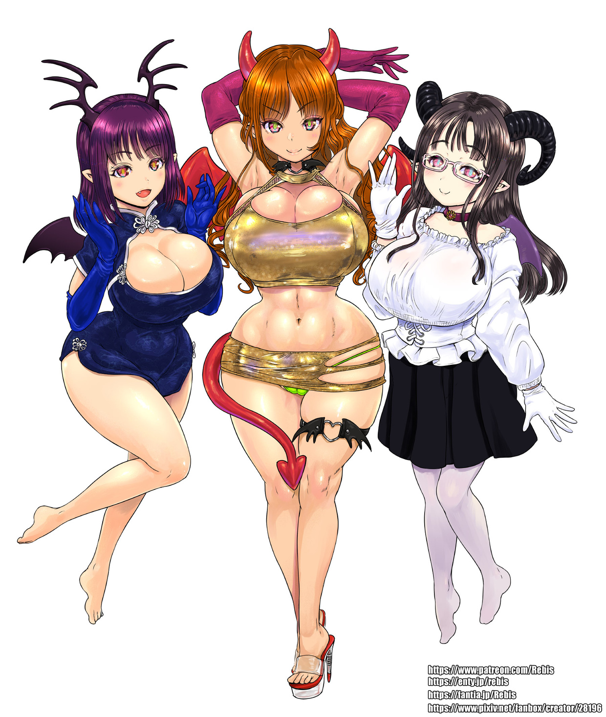 3girls, breasts, cameltoe, chinese dress, crop top, demon, demon girl, dress, female, glasses, gloves, horns, huge breasts, multiple females, multiple girls, pussy, rebis, succubus
