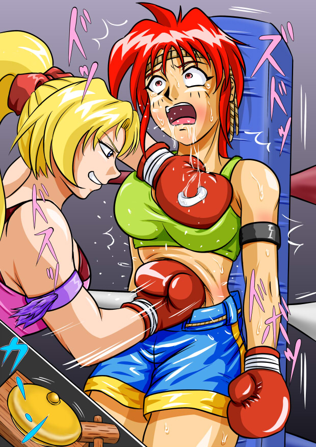 2girls ayane's_high_kick ayane_mitsui belly belly_punch big_breasts blonde_hair colored doujin doujinshi female female_focus female_only fist large_boobs large_breasts multiple_girls red_eyes red_hair ryona sakurako_miyagawa