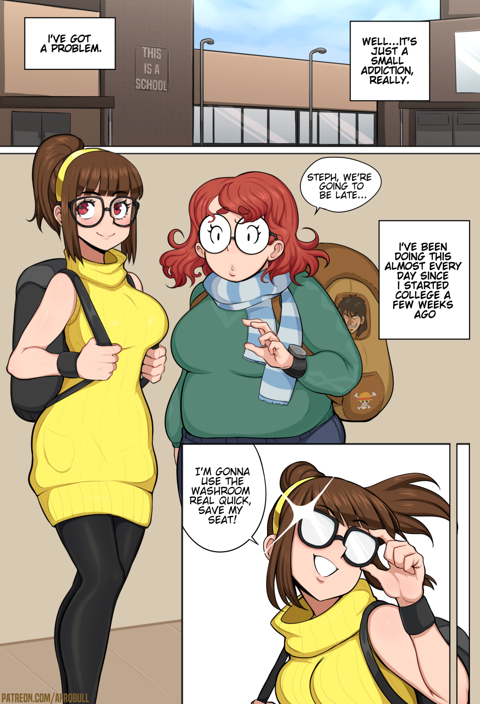 2girls afrobull backpack big_breasts breasts brown_hair chubby chubby_female cleavage college comic comic_page female female_only fully_clothed funny_sign glasses green_sweater hairband large_breasts leggings light-skinned_female light_skin maddie_(afrobull) nerd original original_character original_characters page_1 ponytail red_eyes red_hair round_glasses scarf school sleeveless_sweater sleeveless_turtleneck speech_bubble steph_(afrobull) sweater text yellow_sweater