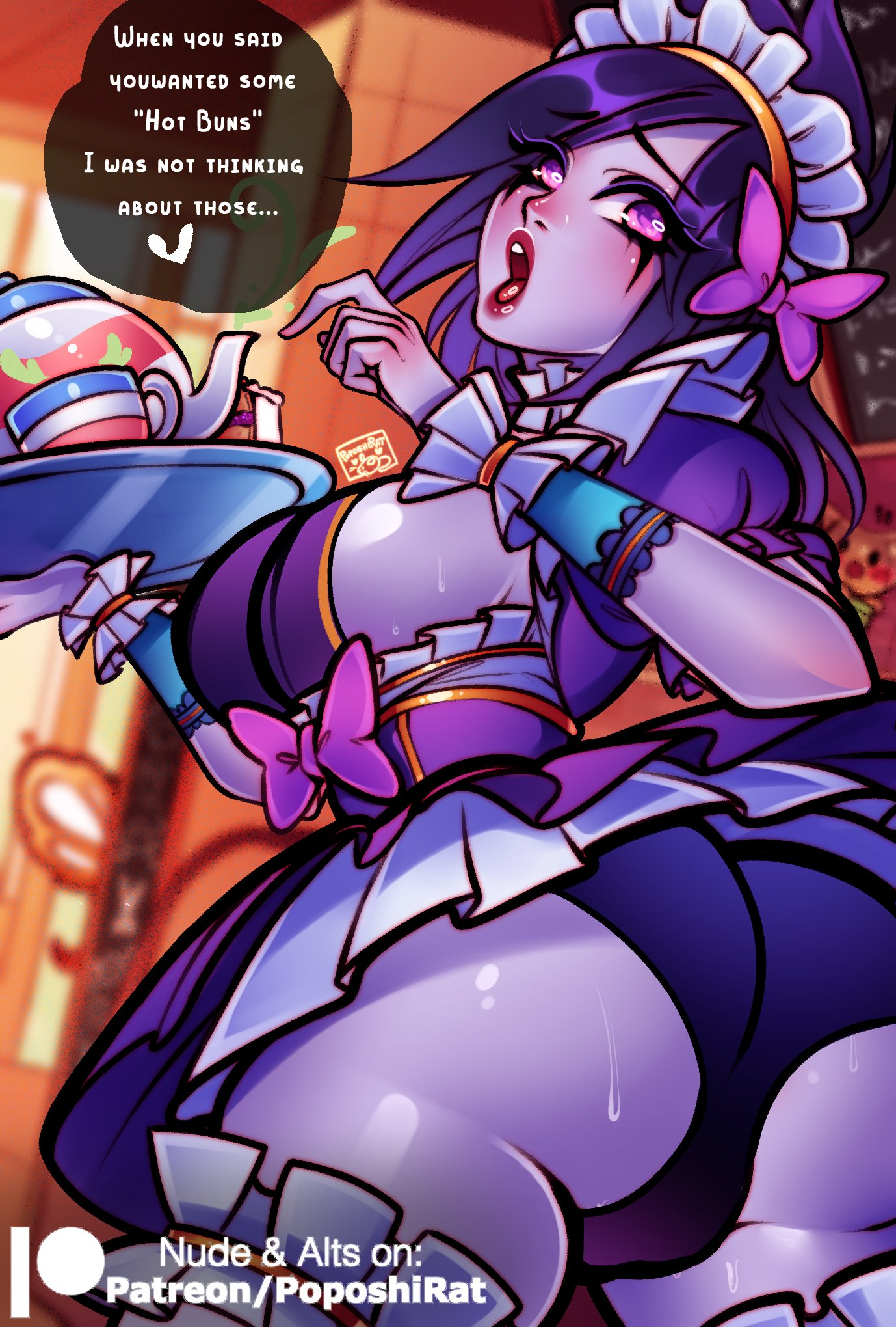 ass, ass focus, big ass, cafe, english text, female, female focus, league of legends, looking back, maid, maid uniform, morgana, panties, pantyshot, poposhirat, revealing clothes, stockings, surprised, sweat, text, upskirt