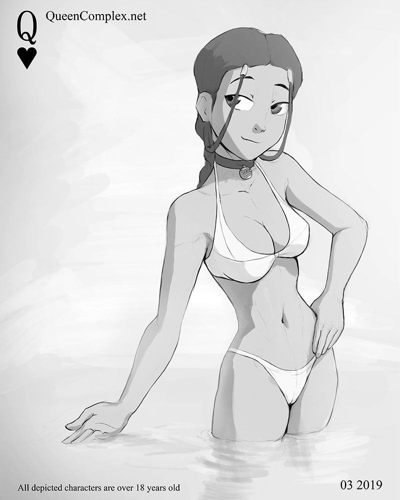 1girls, avatar the last airbender, breasts, cameltoe, cleavage, dark skin, dark-skinned female, female, female only, hand on hip, head tilt, katara, looking to the side, medium breasts, monochrome, necklace, nickelodeon, pinup, pussy, queencomplex, smirk, solo, standing, straight hair, swimsuit, water, white swimsuit