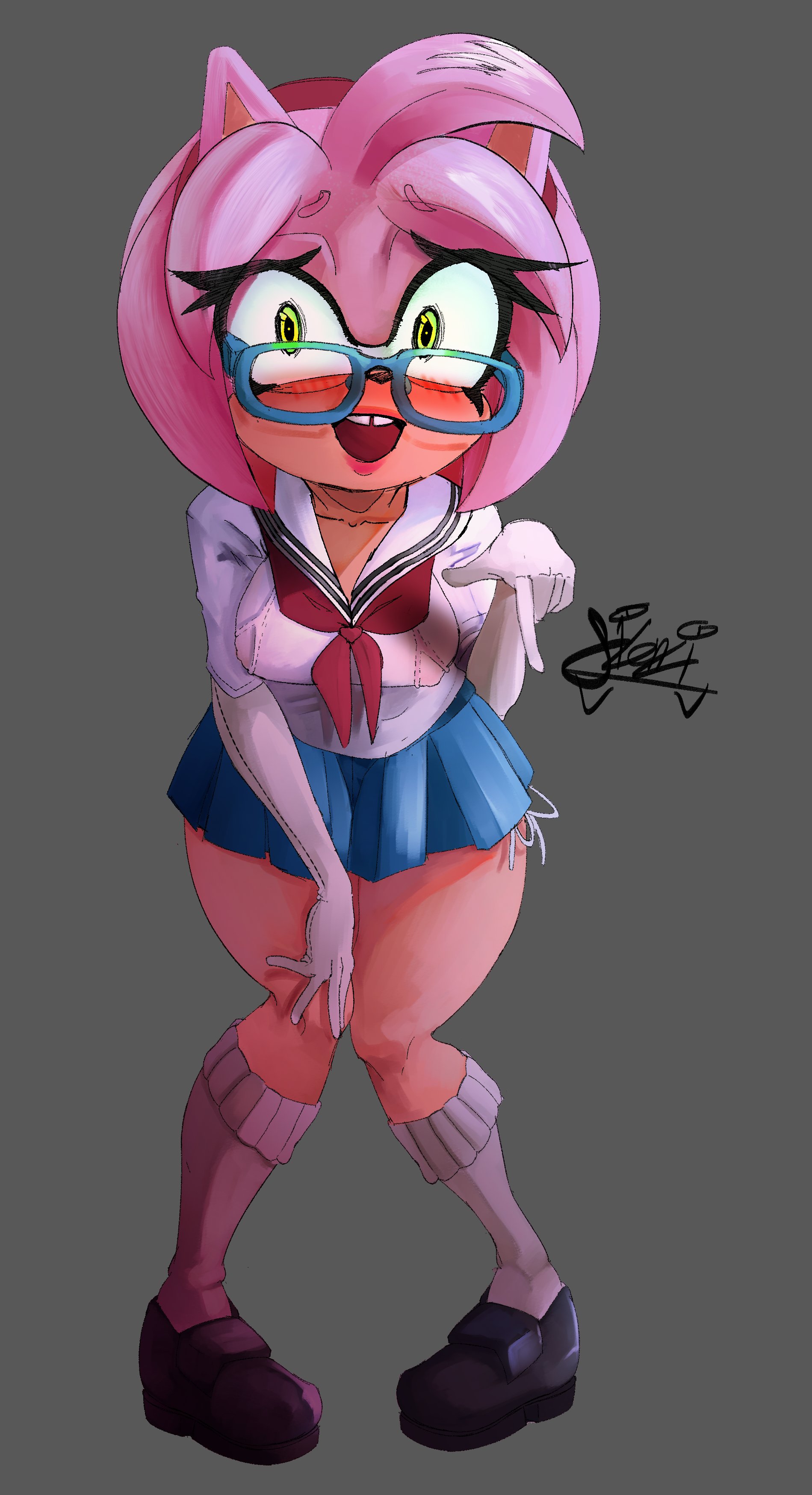 1girls, amy rose, anthro, blush, breasts, female, furry, glasses, green eyes, hairband, hankerchief, hedgehog, lipstick, long socks, mobian (species), nerd, nerdy amy rose, nipples visible through clothing, rodent, school uniform, sega, shirt, shoes, silencioarthub, skirt, sonic (series), tooth gap