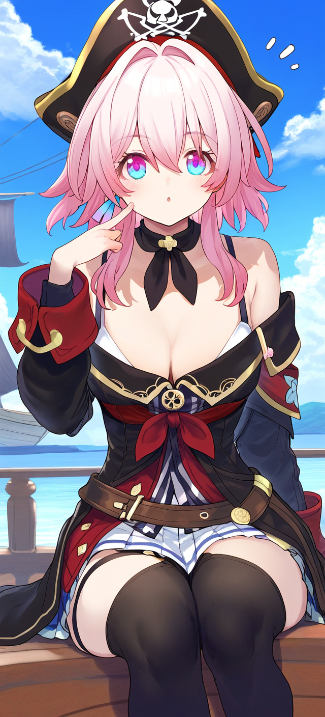 1girls ai_generated breasts female female_only hand_behind_back hi_res high_resolution highres honkai:_star_rail honkai_(series) hoyoverse legs_together looking_at_viewer march_7th_(honkai:_star_rail) pink_hair pirate_girl pirate_hat pirate_outfit short_hair stockings tagme