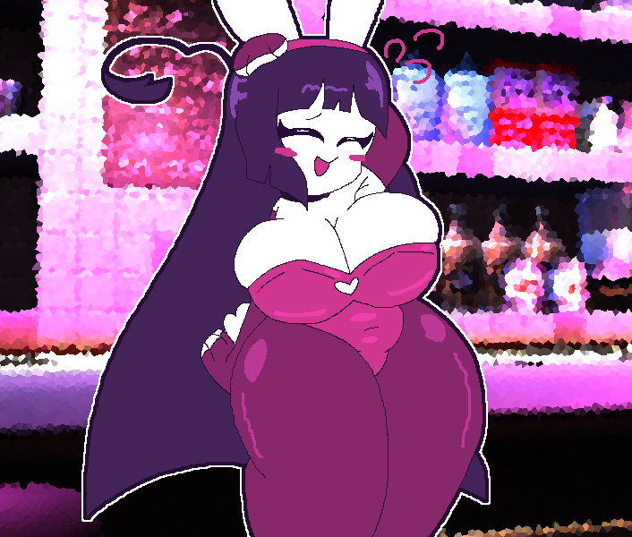 belly_bulge belly_button_visible_through_clothing big_breasts blush breasts breasts_together bunny_ears bunny_girl bunny_tail bunnysuit cafe closed_eyes digital_art digital_drawing digital_drawing_(artwork) digital_media eyelashes female female_focus female_only hair happy hexagon_background long_hair long_hair_female mysticalgarnet open_mouth purple_hair shiny_clothes shiny_clothing shiny_eyelids shiny_hair thick_thighs thighs thighs_together white_skin white_skinned_female woman woman_in_suit