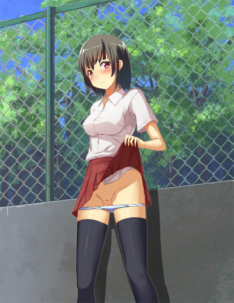 1futa balls blush breasts futa_only futa_sans_penis futanari genital_mutilation gray_hair intersex medium_breasts no_penis panties panties_down penectomy pink_eyes sad schoolgirl short_hair skirt skirt_lift teen thigh_highs