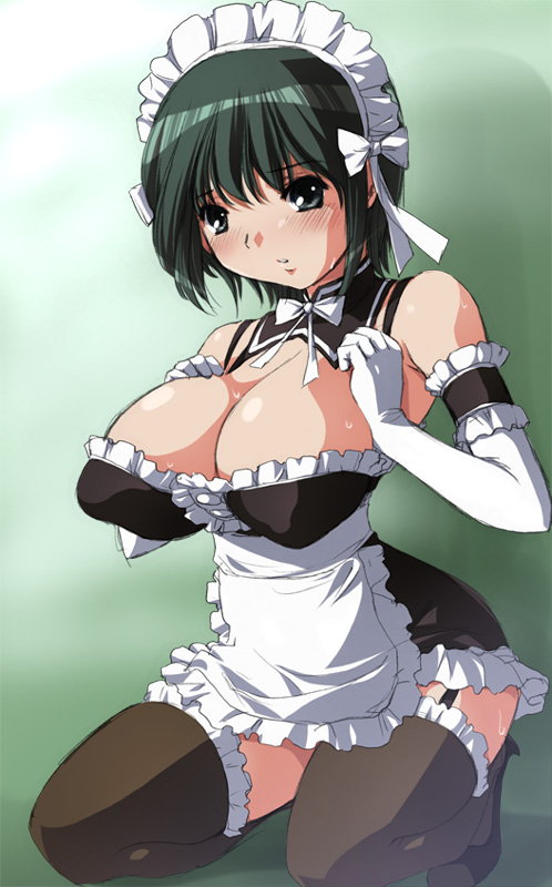 1girls apron arm_garter bare_shoulders black_legwear black_thighhighs blush bow bowtie breast_hold breast_squeeze breast_suppress breasts bursting_breasts cleavage elbow_gloves female frilled_thighhighs frills garter_straps gloves green_hair grey_eyes hairbow he_is_my_master high_heels huge_breasts kantori kneeling kore_ga_watashi_no_goshujin-sama long_gloves maid maid_headdress necktie sawatari_izumi shoes short_hair solo sweat thighhighs zettai_ryouiki