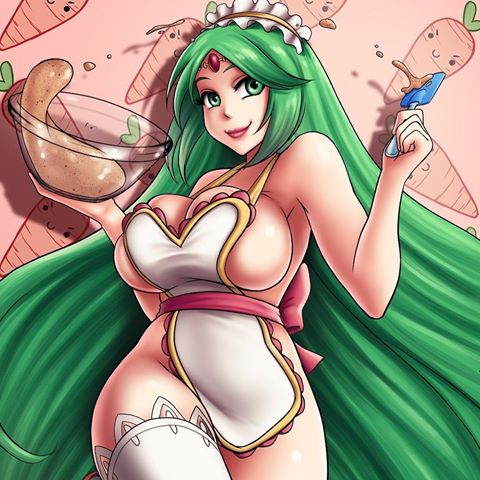 1girls apron big_breasts breast cleavage curvy detailed_background female female_only green_eyes green_hair hips human kid_icarus large_breasts looking_at_viewer marmewa naked nintendo nude palutena smile solo thick thick_thighs thighs wide_hips