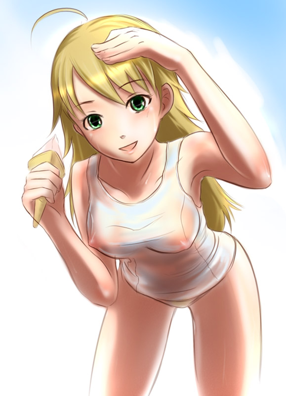 blonde_hair food green_eyes hoshii_miki ice_cream idolmaster long_hair miki_hoshii one-piece_swimsuit school_swimsuit see-through swimsuit wet_shirt white_school_swimsuit