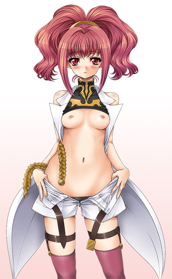 1girls anya_alstreim anya_earlstreim blush breasts code_geass female female_only red_hair shirt_lift solo stockings thighhighs topless undressing yoshida_inubito