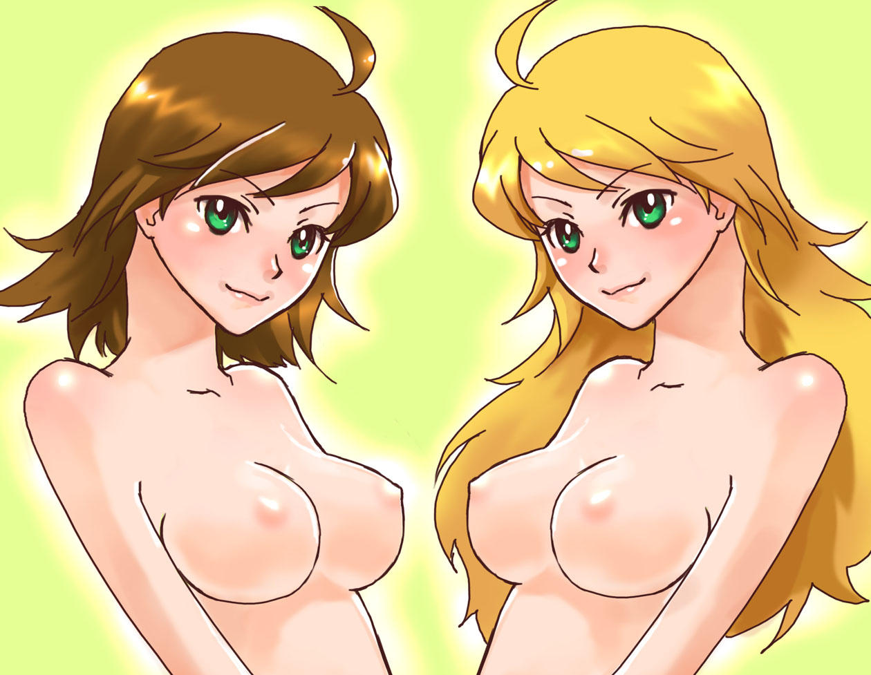 awakened_miki blonde_hair breasts brown_hair dual_persona green_eyes hoshii_miki idolmaster long_hair nude short_hair topless vuipui