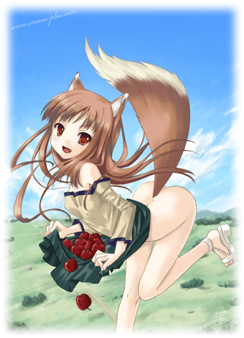 1girls alto_seneka animal_ears apple apples bare_shoulders brown_hair clothing cute_fang food fruit holo long_hair no_panties red_eyes shoes skirt skirt_lift spice_and_wolf tail wolf_ears